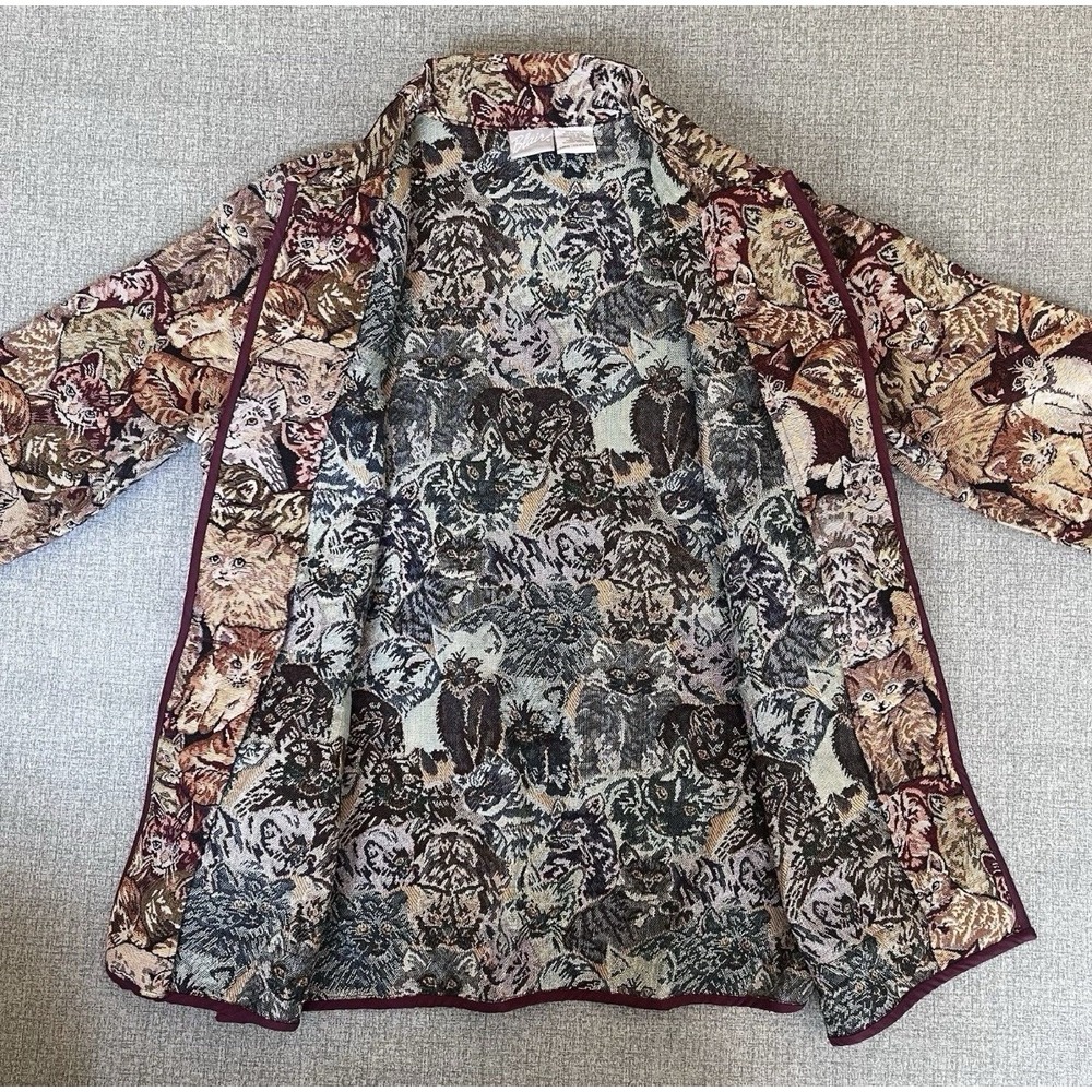 Blair Womens Medium Vintage Tapestry Cat Print Jacket Brown Burgundy Woven - Picture 5 of 9